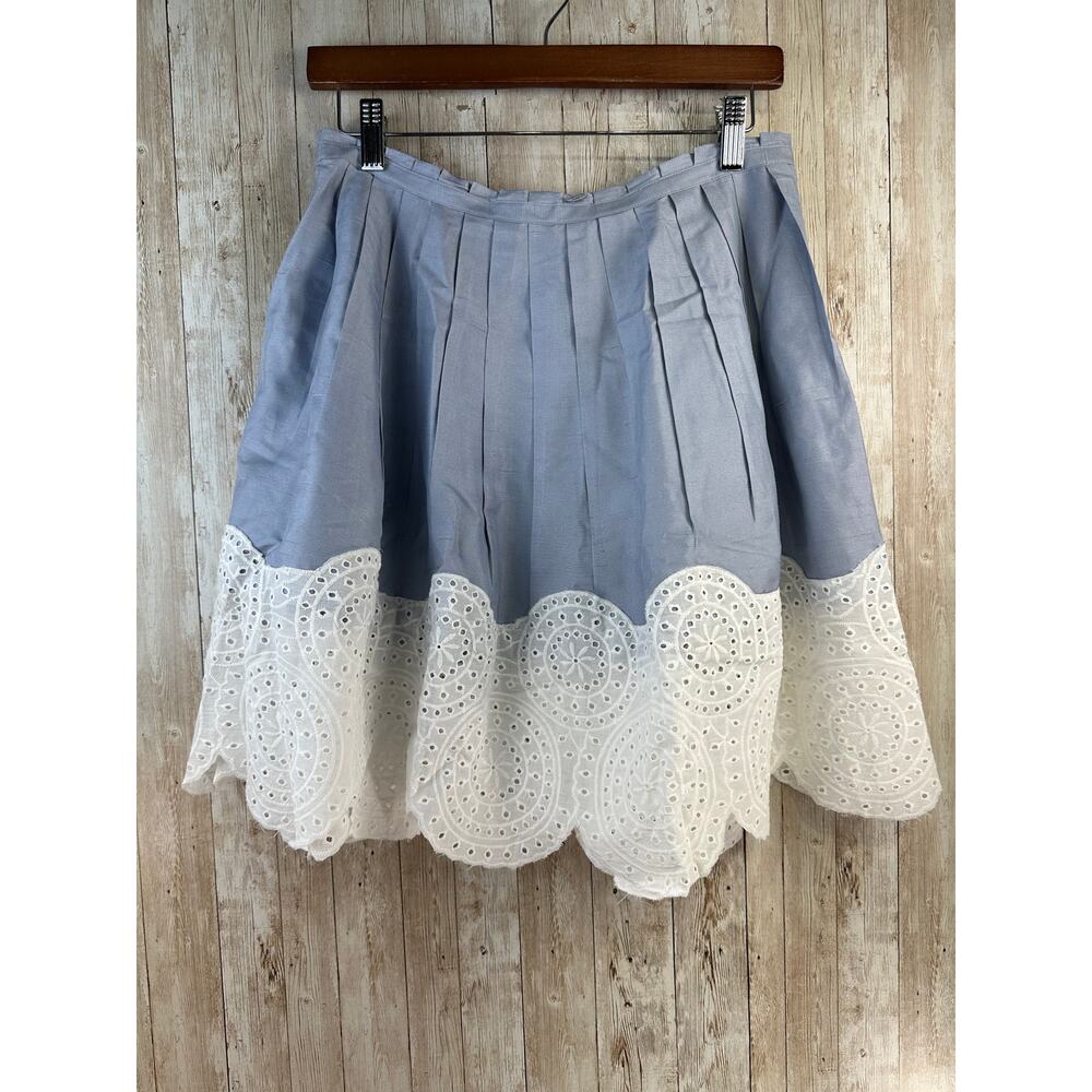 Via Seta Pale Blue 100% Silk A-Line Skirt Womens sz 10 White Eyelet Hem‎ Pleated